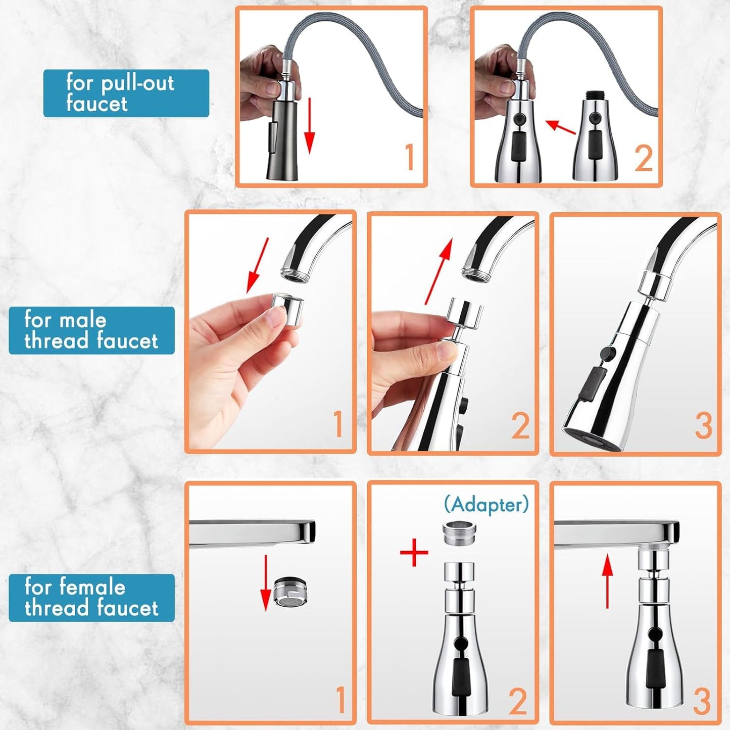 3 in 1 mode Splash head for kitchen sink tap, Universal fit, Chrome finish, pack of 1