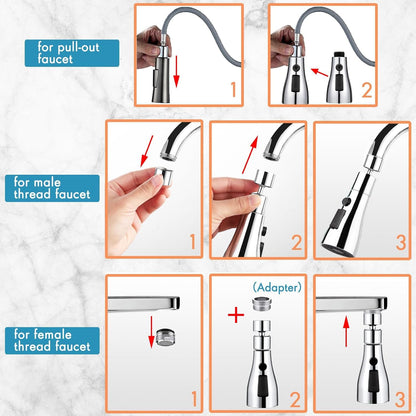 3 in 1 mode Splash head for kitchen sink tap, Universal fit, Chrome finish, pack of 1